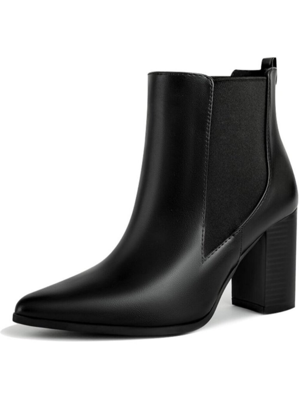 Women's Black/Elastic Chunky High Heel Ankle Dess Booties Faux Leather Pull-On